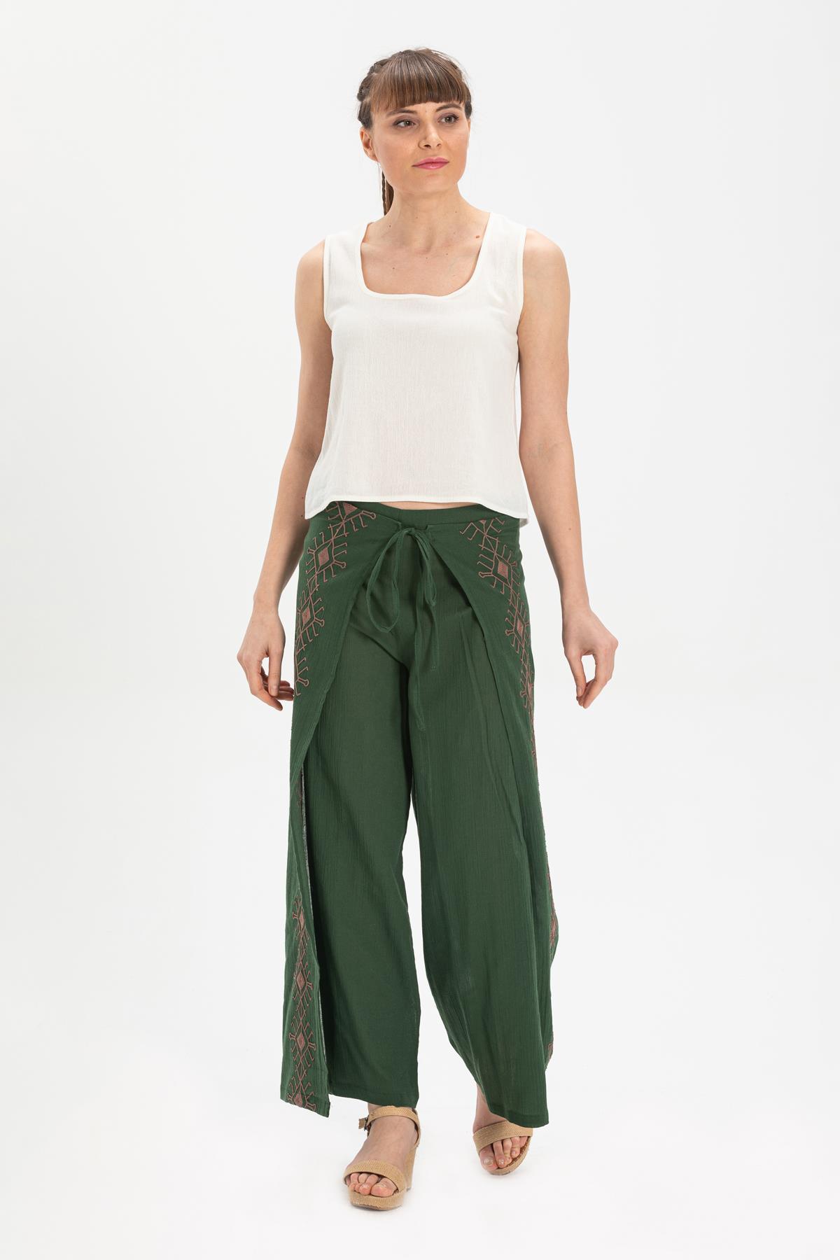 Embroidered Sile Fabric Riddle Pants Green