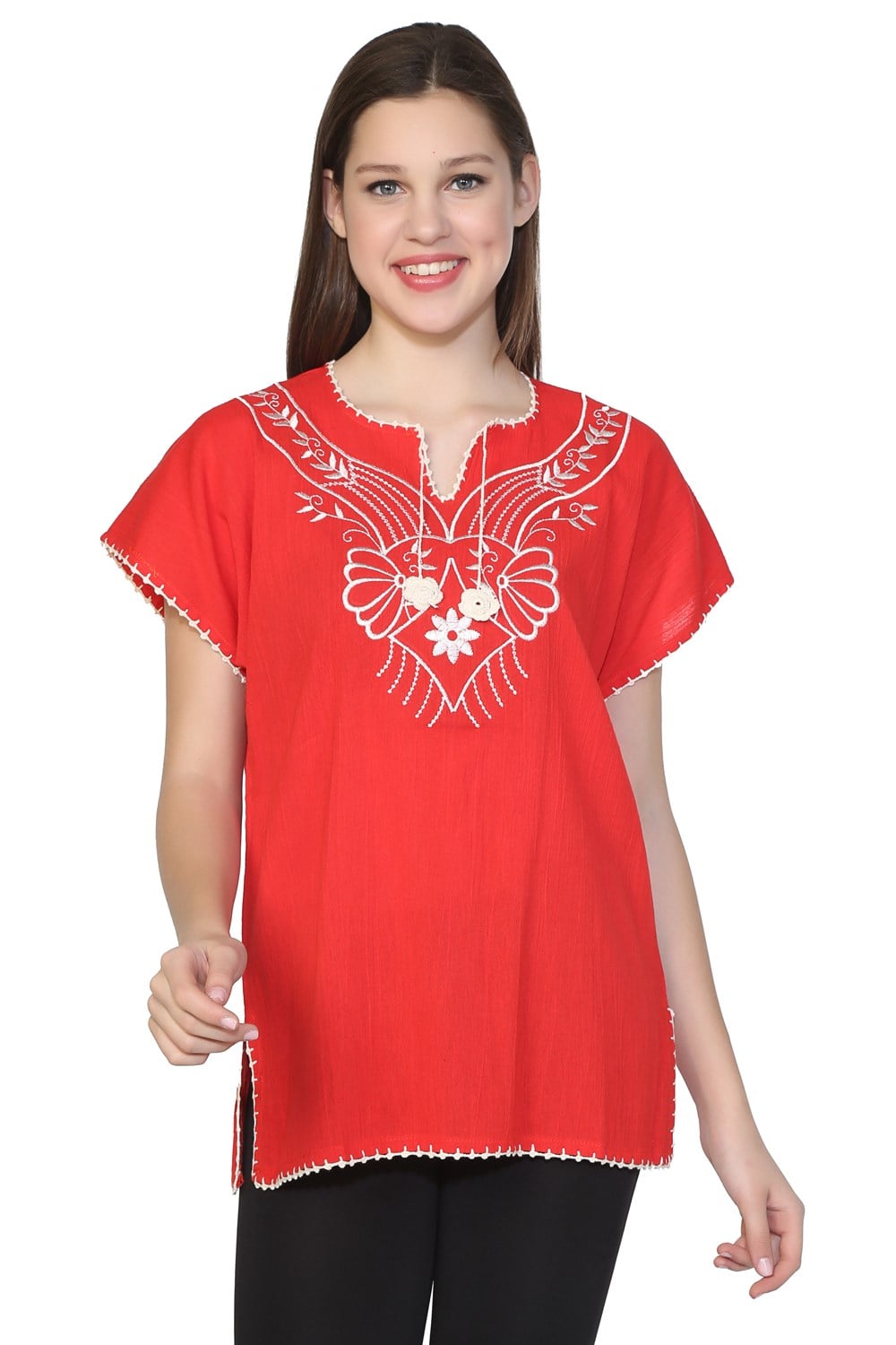 Short Sleeve Şile Fabric Naz Blouse Red