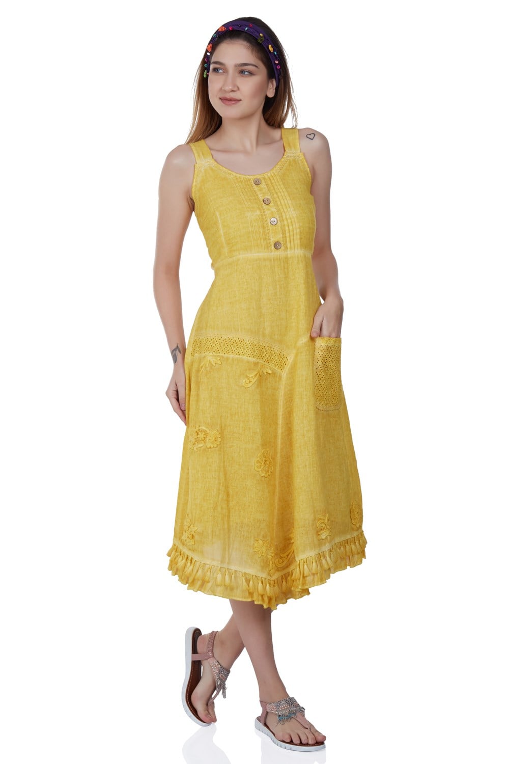  Sleeveless Şile Fabric Naz Midi Length Dress Yellow