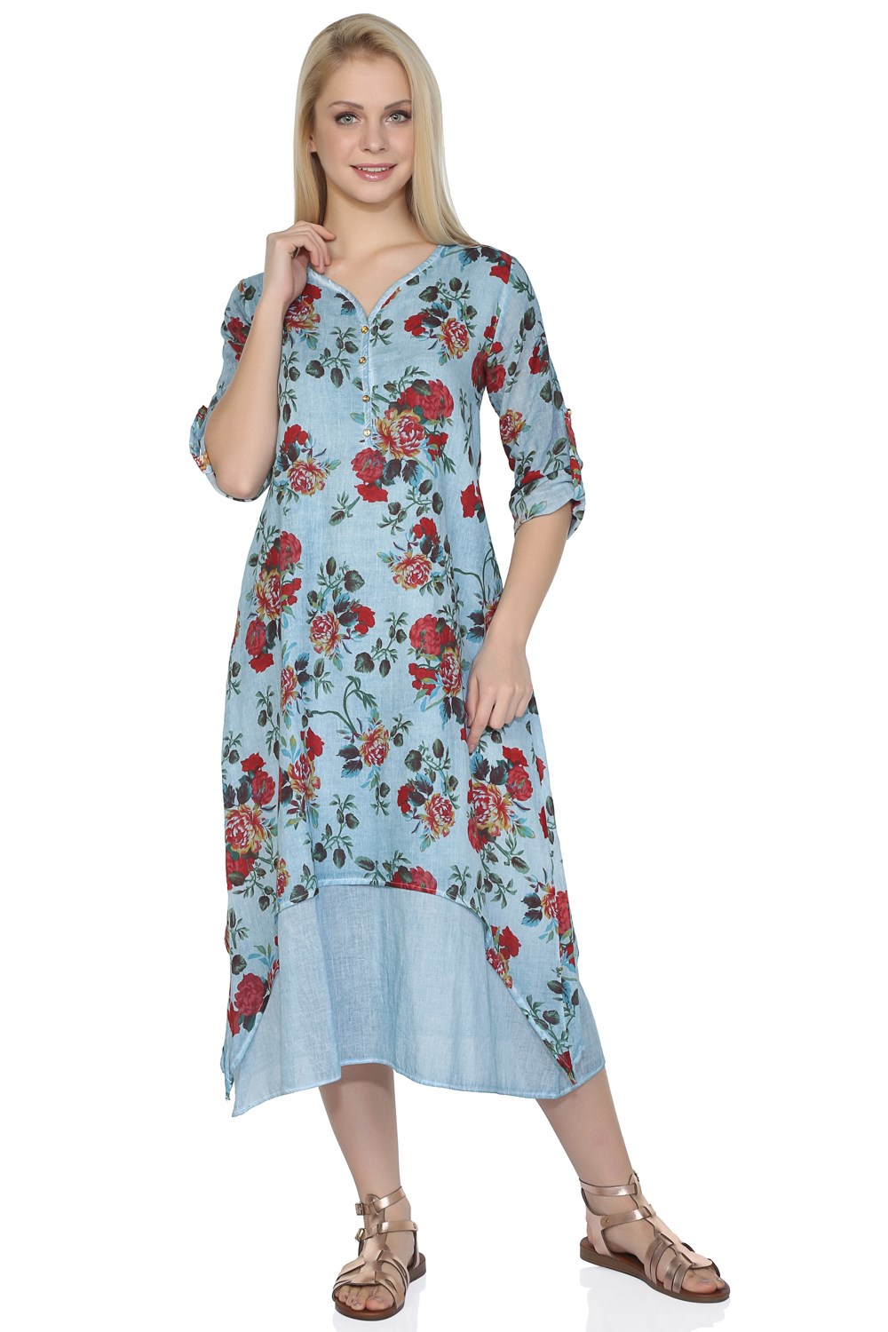 Long Sleeve Şile Fabric Nazan Midi Size Length Turquoise