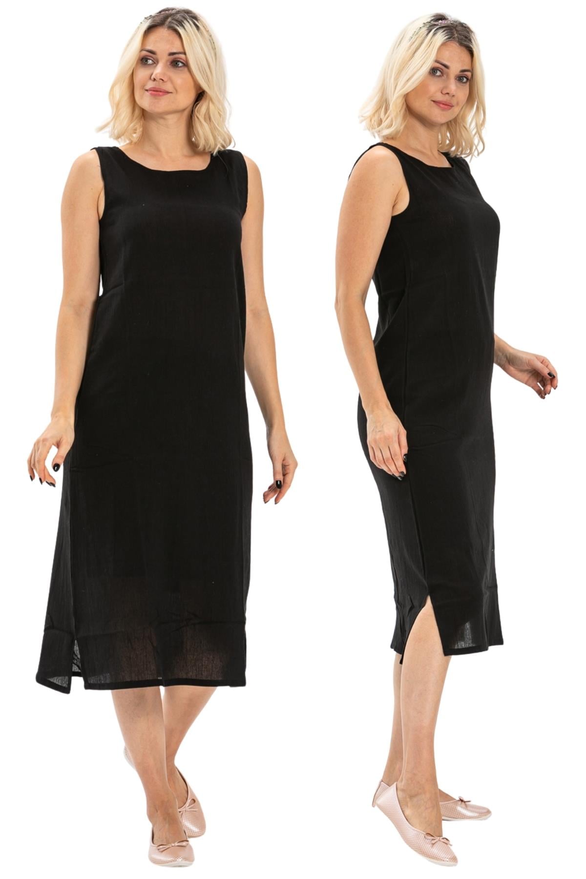 Pamuk Kombinezon Kalın Atlet Askılı Şile Bezi Uzun Elbise Astarı 2'li Set Siyah-Siyah Syh/Syh