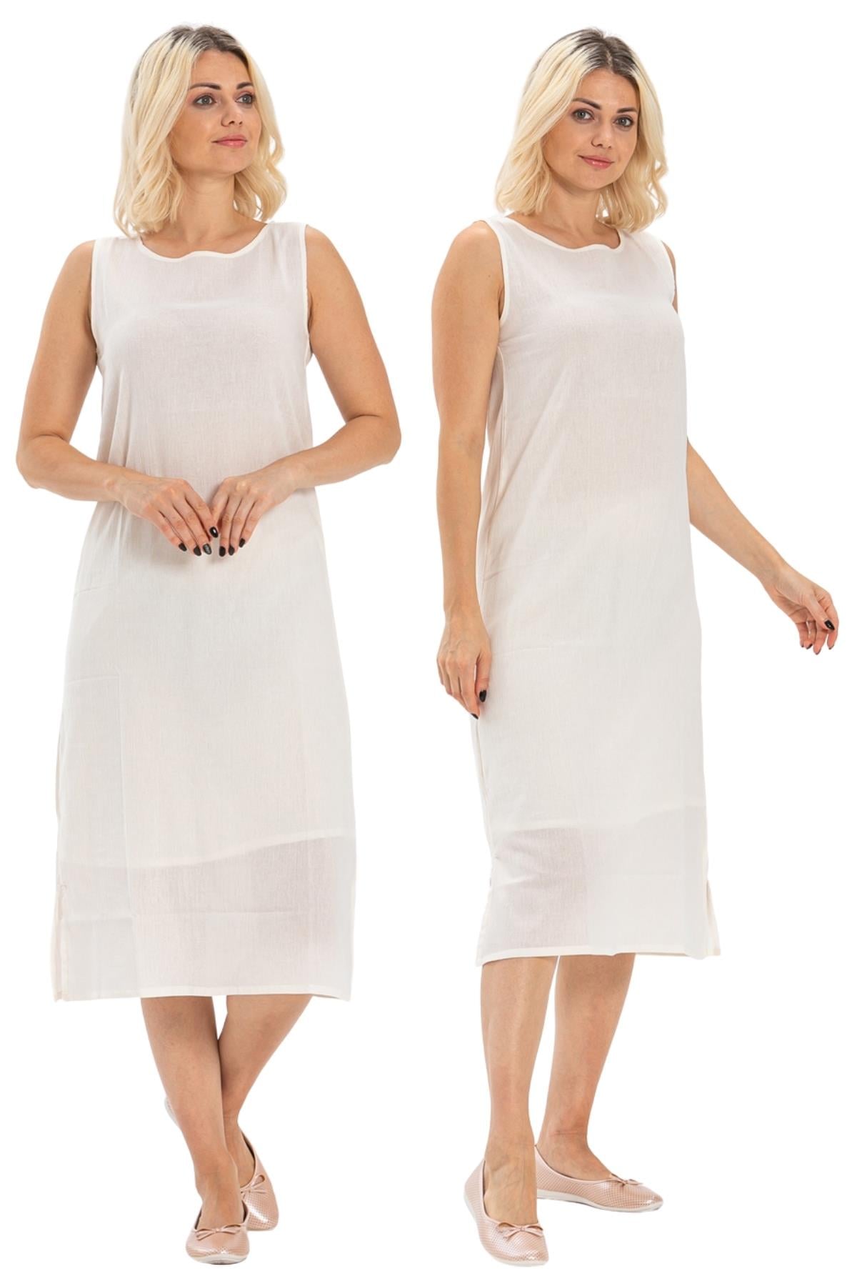 Pamuk Kombinezon Kalın Atlet Askılı Şile Bezi Uzun Elbise Astarı 2'li Set Krem-Krem Krm/Krm