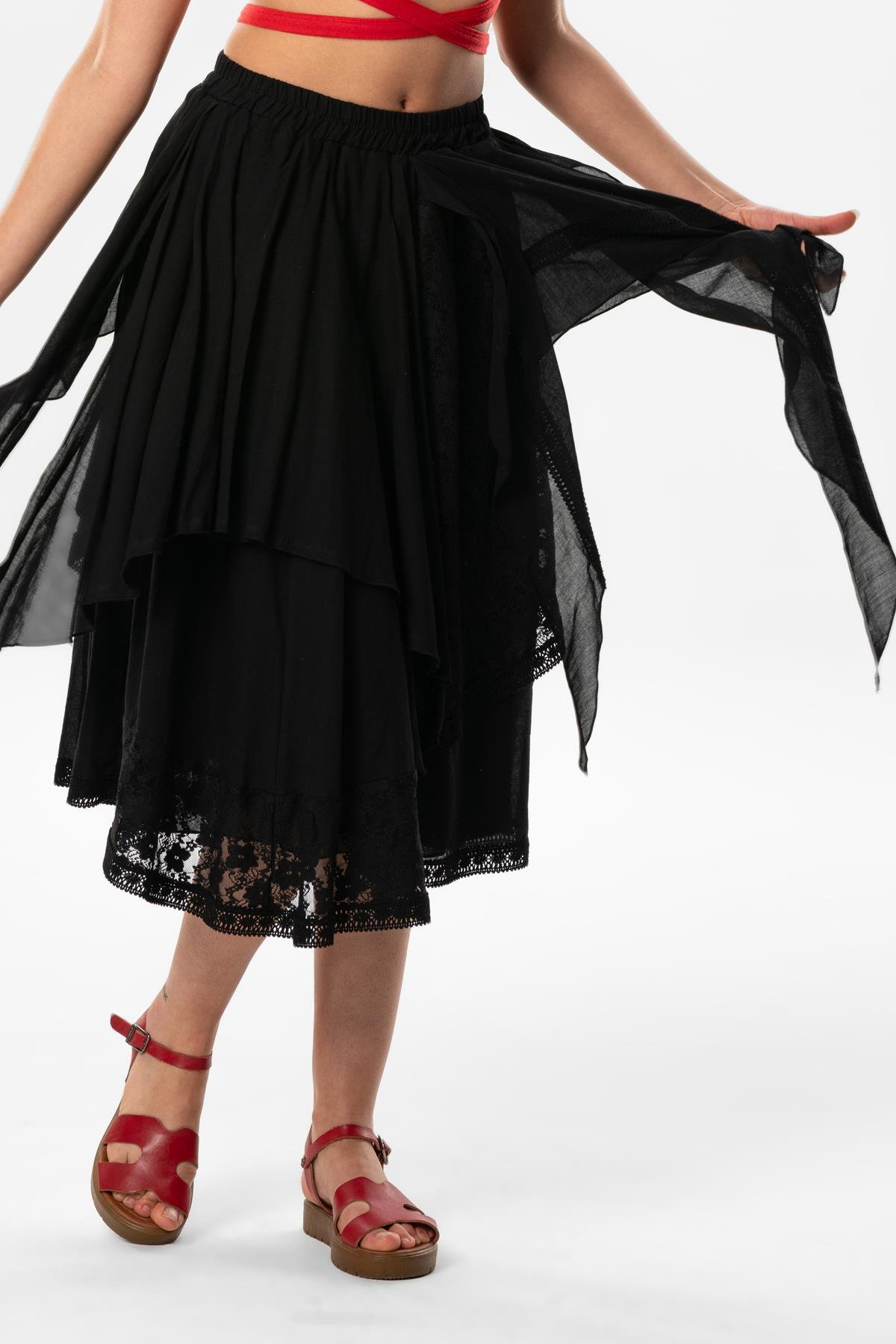 Salkım Vual Dantelli Saçaklı Uzun Yazlık Otantik Etek Siyah Syh