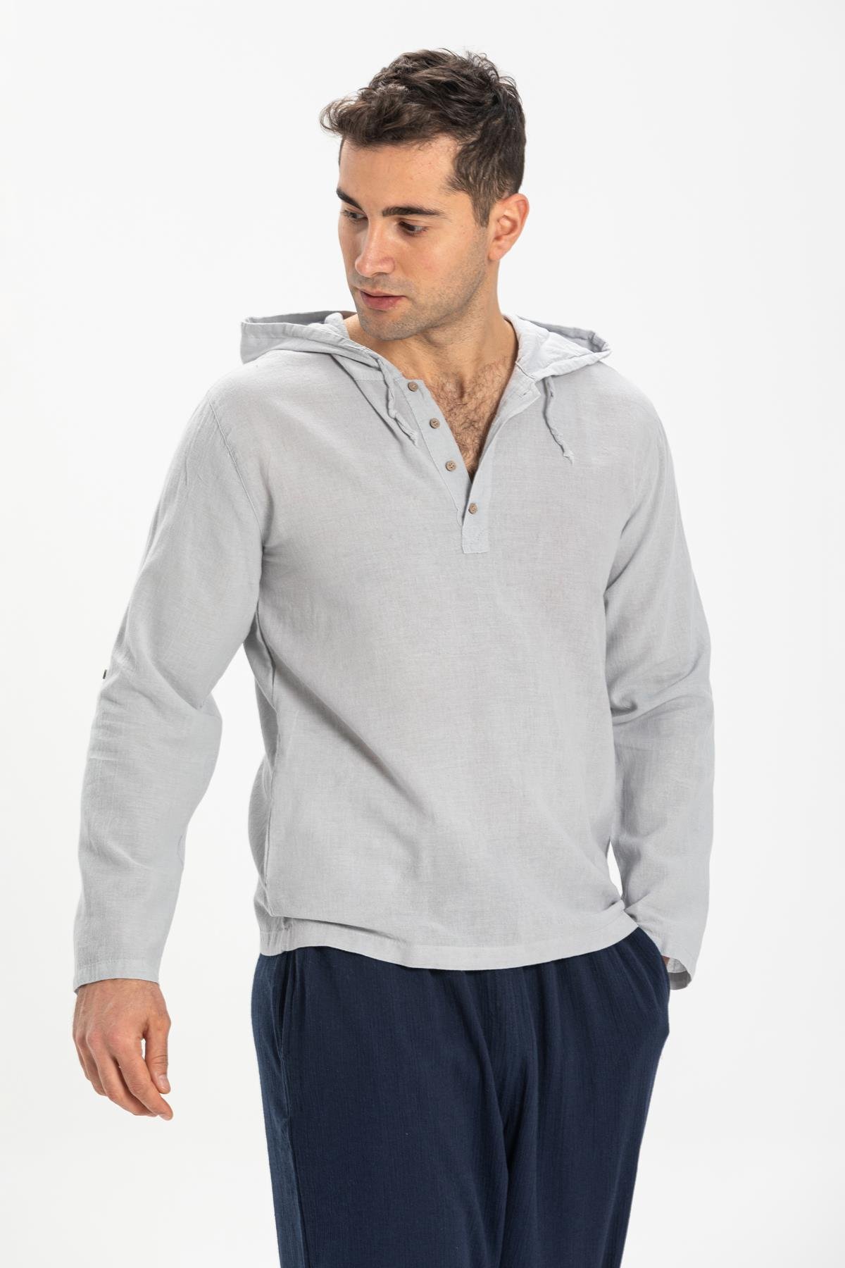 Şile Bezi Çift Cepli Kapüşonlu Erkek Sweatshirt Gri Gri