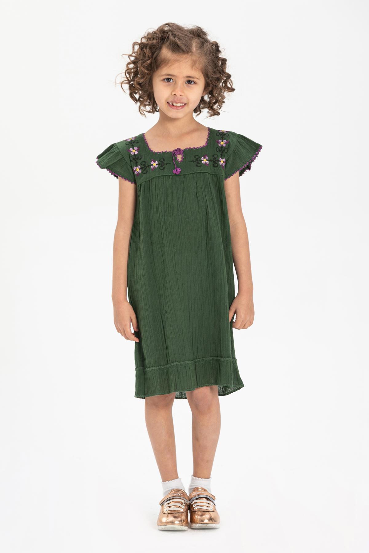 Sile Fabric Classic Girls Dress Green