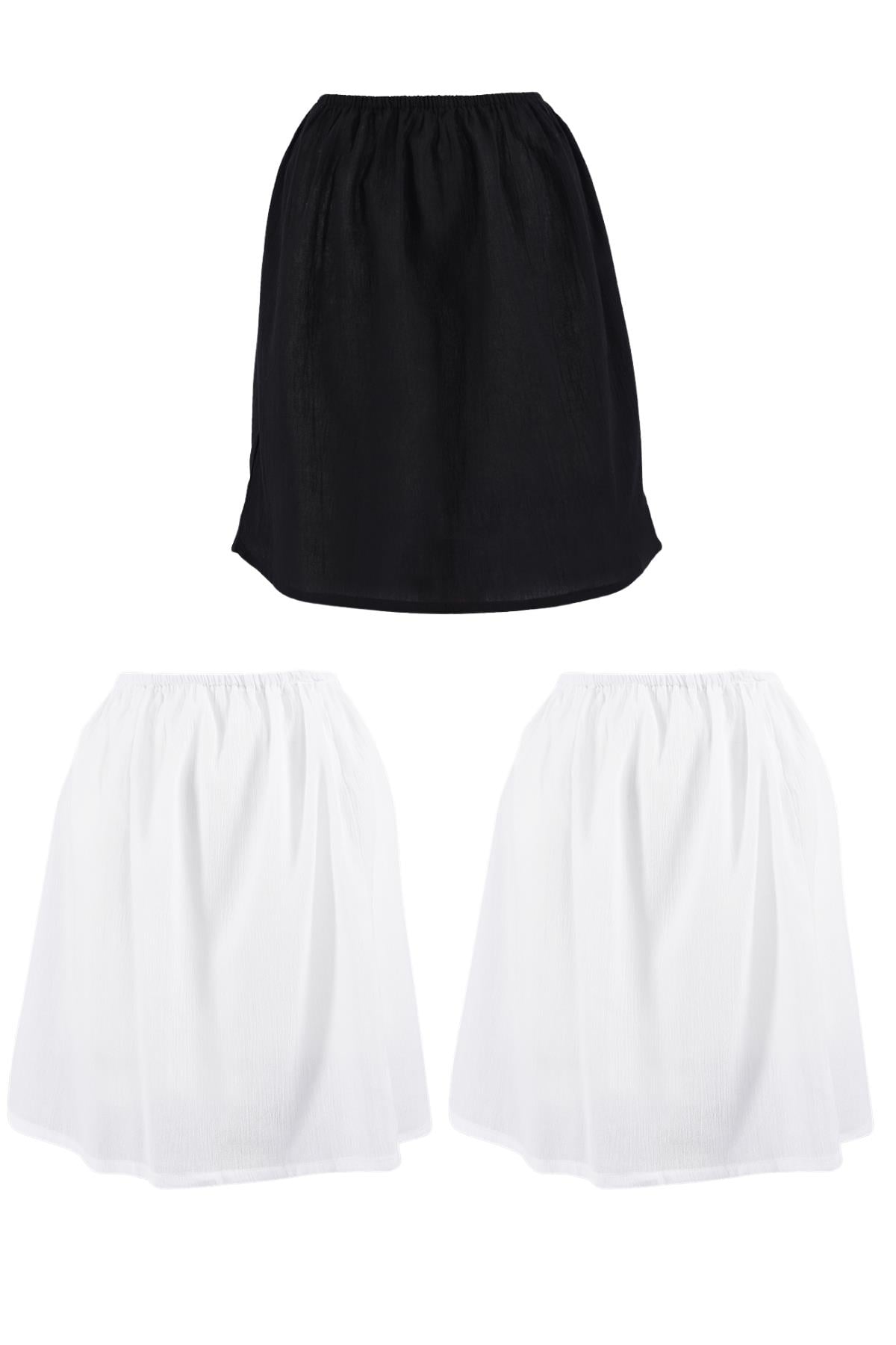 Şile Bezi Mini ve Dizüstü Kadın Jüpon Kısa Etek Astarı 3'lü Set Beyaz-Siyah-Beyaz Byz/Syh/By