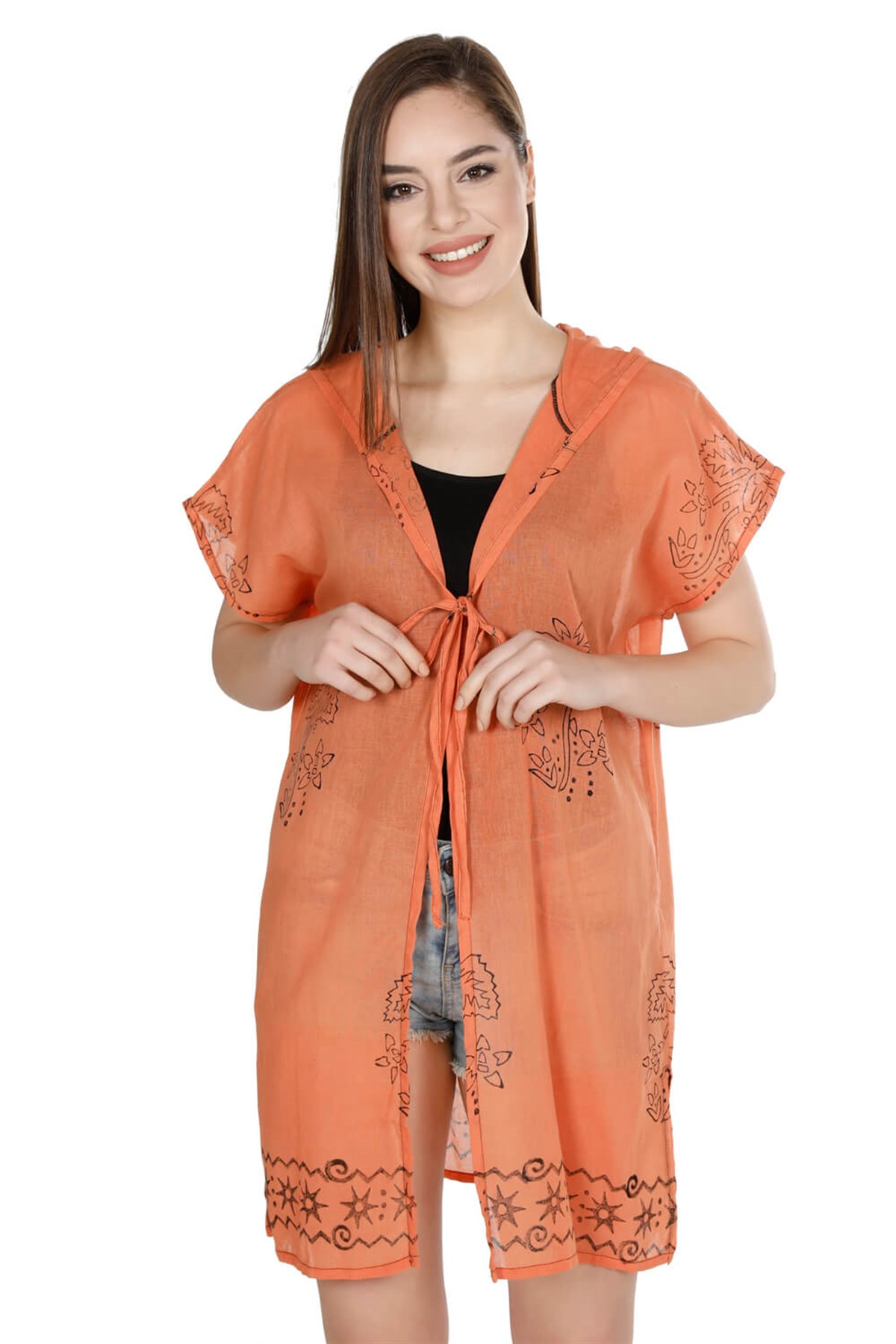 Taş Baskı Kapüşonlu Yelek Turuncu