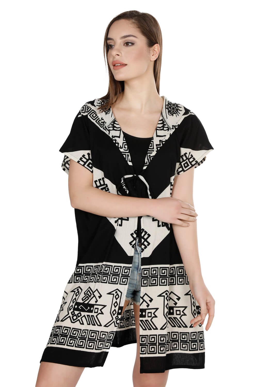 Taş Baskı Kapüşonlu Yelek V Desen