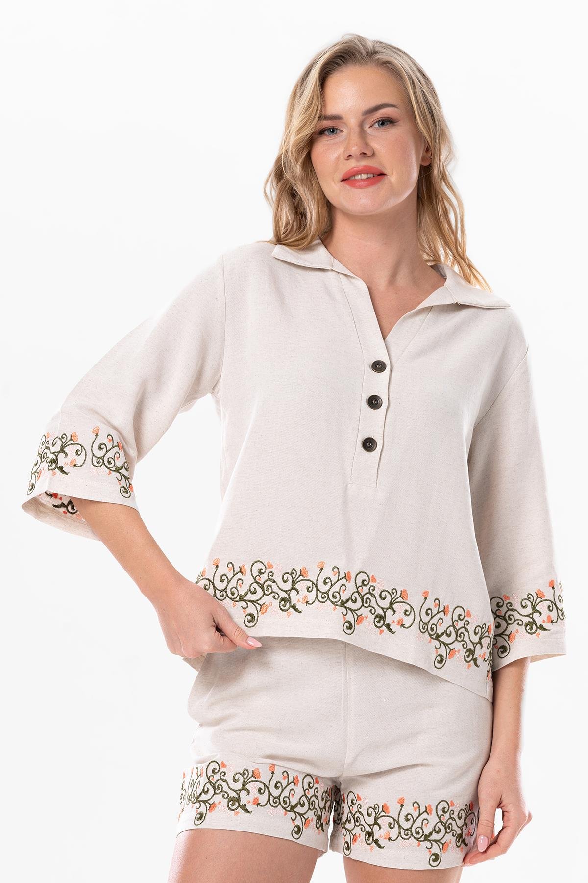 Truvakar Kol Keten Hazan Nakış Detaylı Yazlık Otantik Bluz Krem Krm