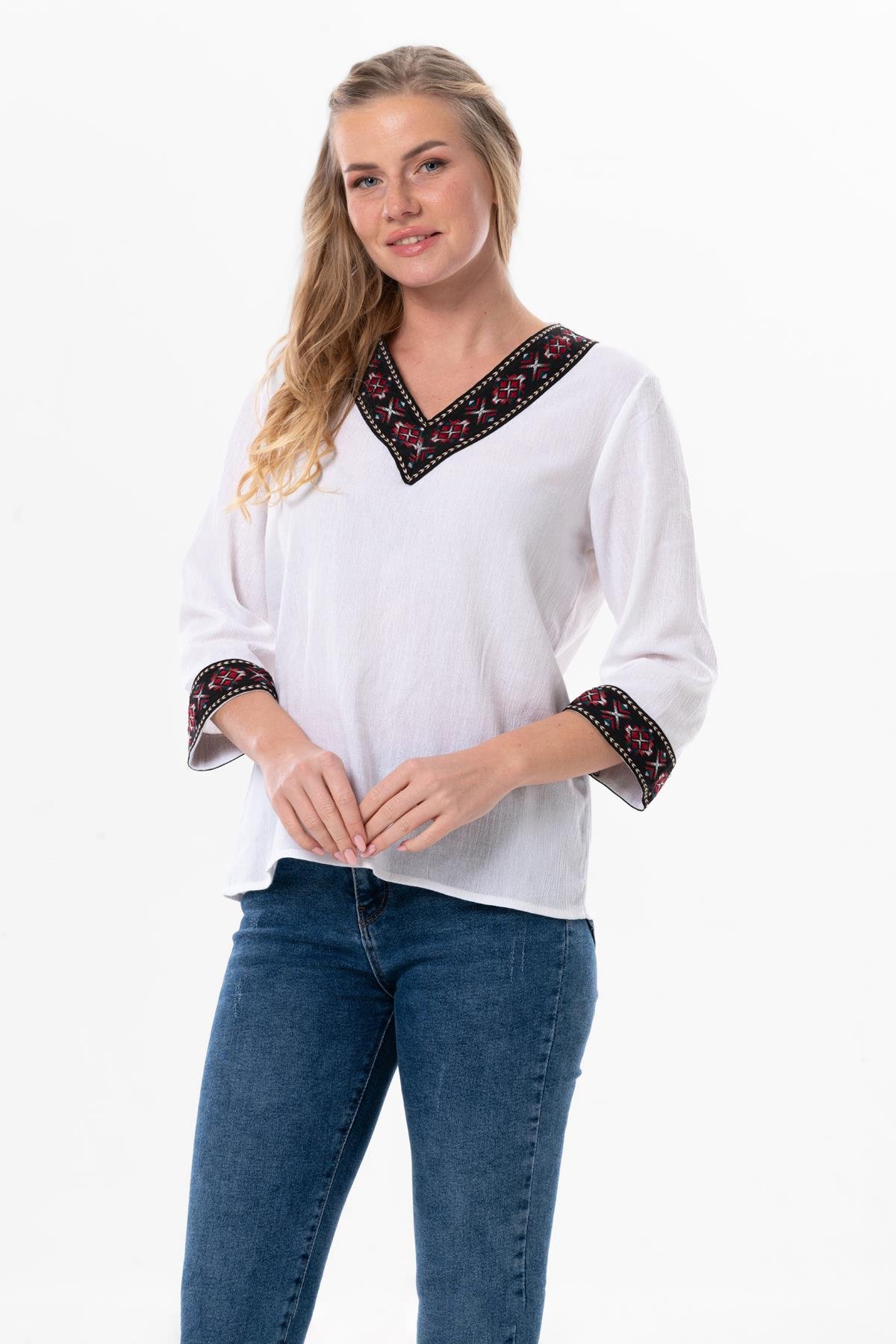 Truvakar Kol V Yaka Nakışlı Talya Şile Bezi Bluz Beyaz Byz