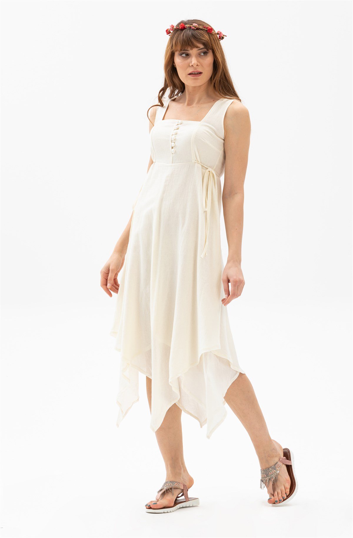 Üçgen Katlı Şile Bezi Elbise Krem