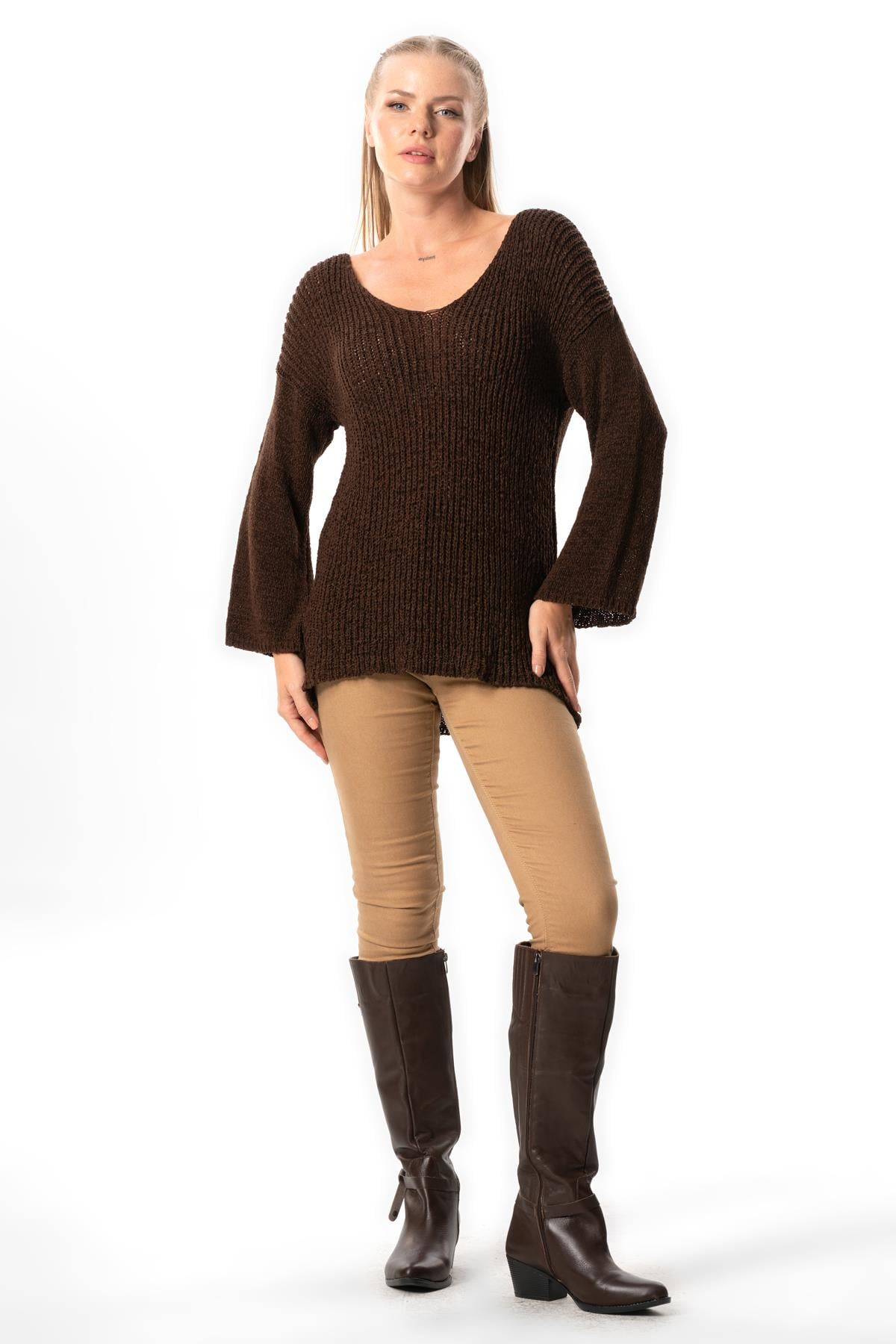 Long Sleeve Ahunaz Autumn and Winter Sweater Blouse Coffee