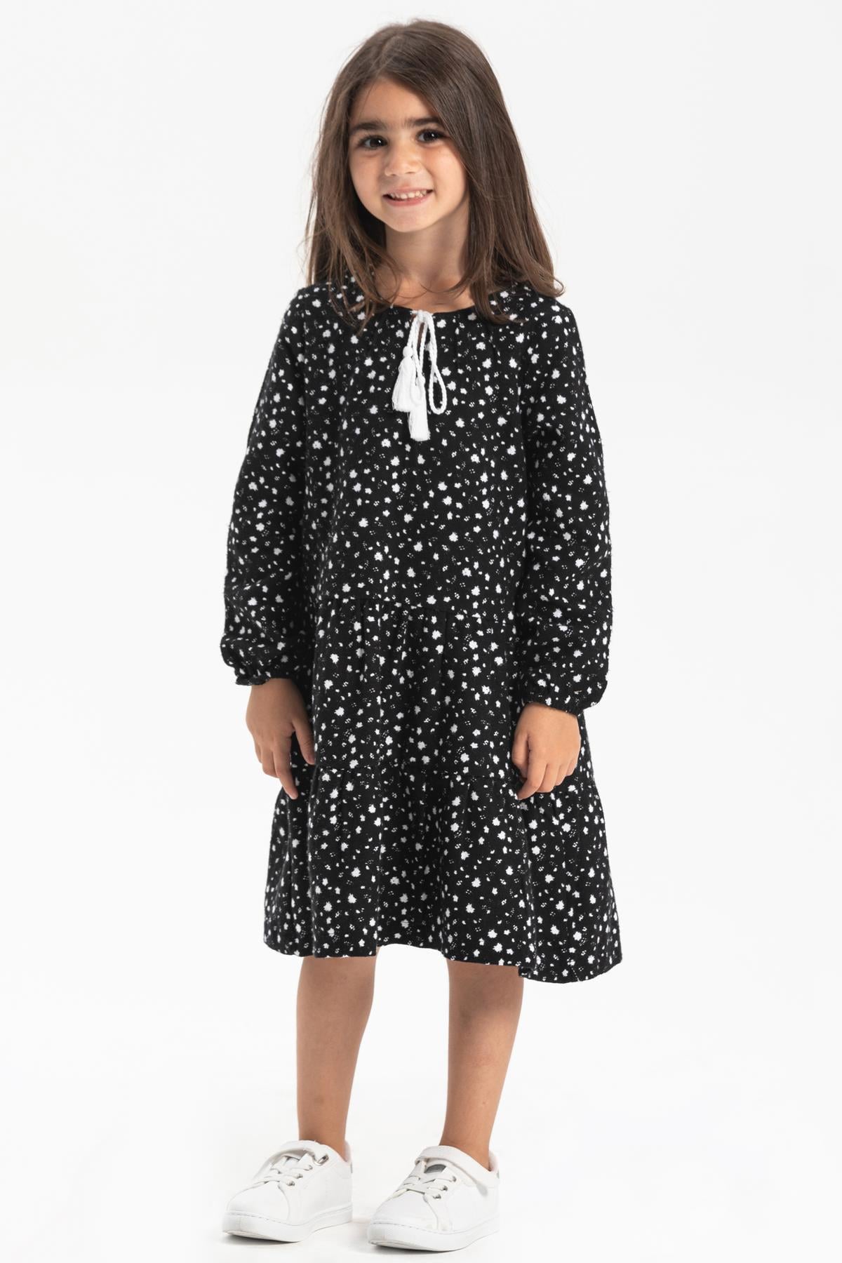 Long Sleeve Flannel Alya Kids Dress Crispy Pattern White