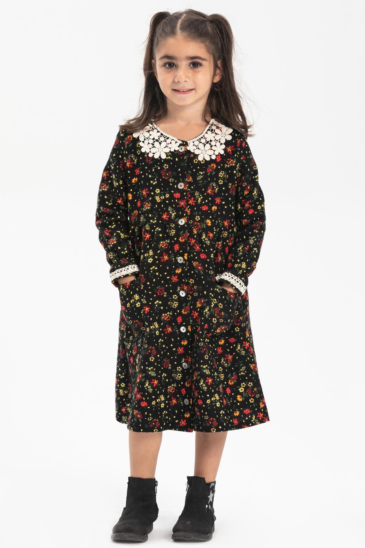 Long Sleeve Flannel Asya Collar Kids Dress Floral Pattern Black