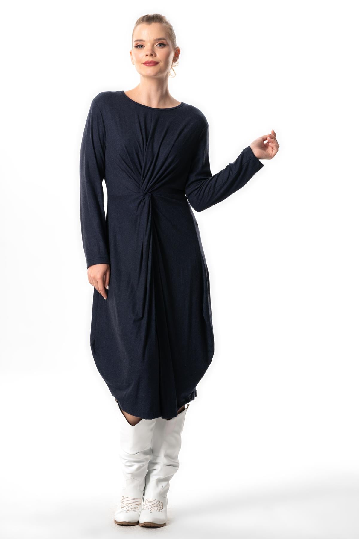 Long Sleeve Athena Knot Detailed Fall-Winter Midi Length Authentic Combed Viscose Dress Navy Blue