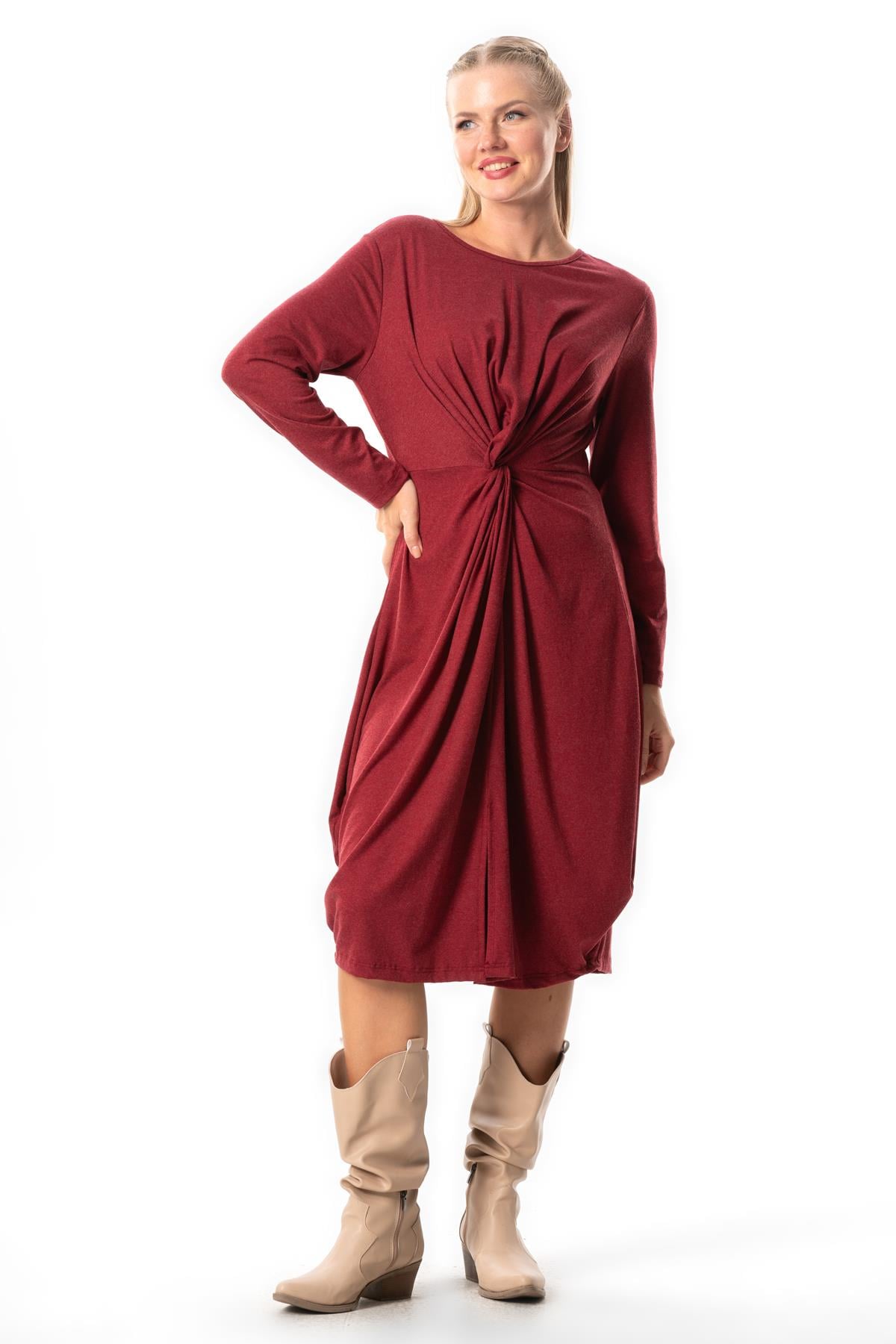 Long Sleeve Athena Knot Detailed Fall-Winter Midi Length Authentic Combed Viscose Dress Burgundy