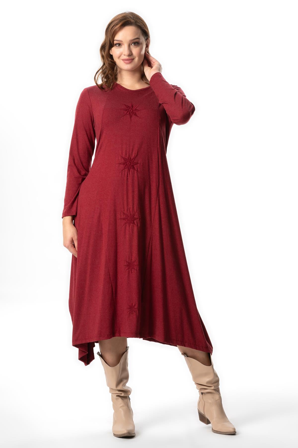 Long Sleeve Atlantis Fall-Winter Embroidery Detailed Long Combed Viscose Dress Burgundy