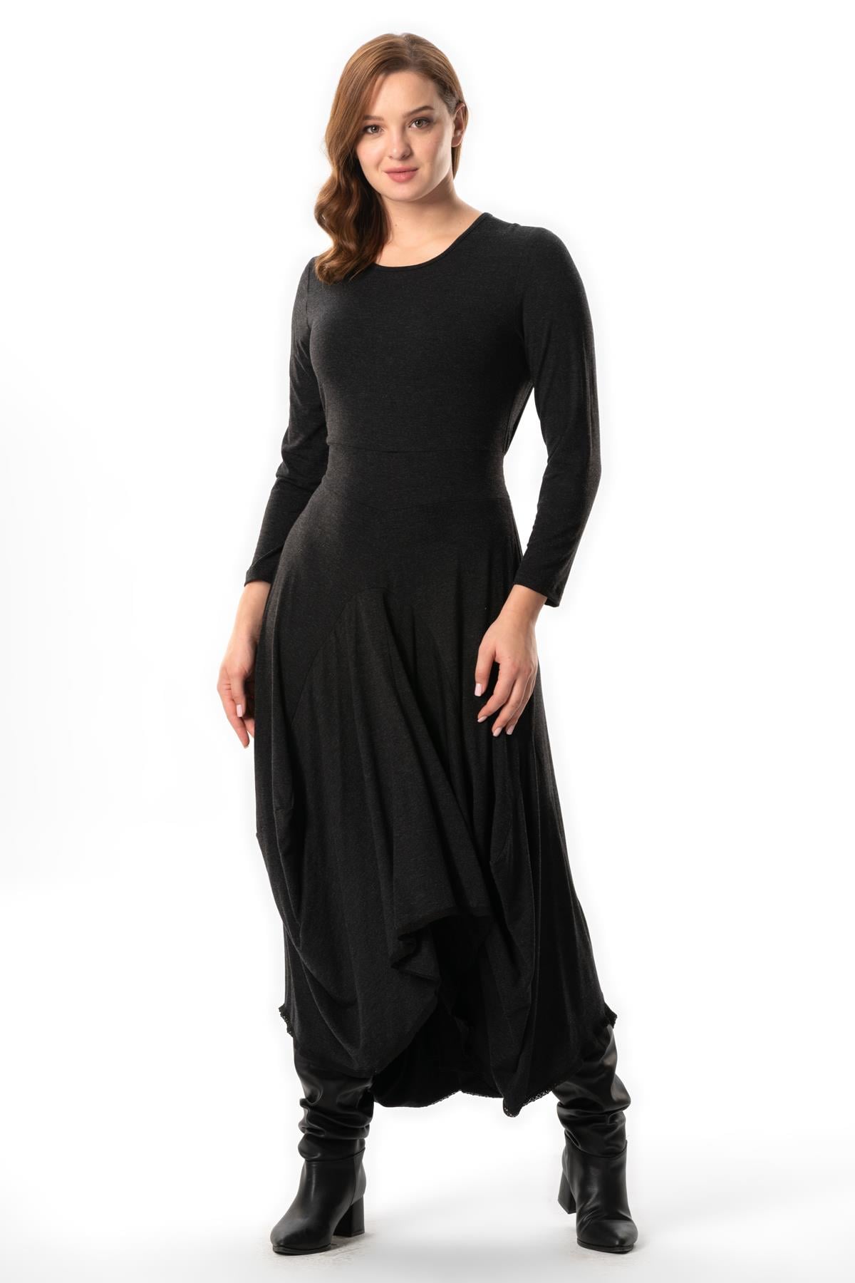 Long Sleeve Atlas Autumn and Winter Asymmetrical Cut Authentic Long Combed Viscose Dress Gray