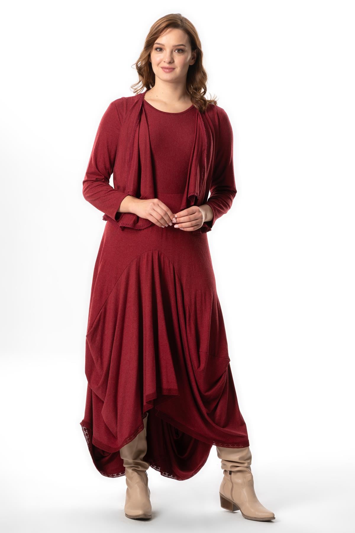 Long Sleeve Atlas Autumn and Winter Asymmetrical Cut Authentic Long Combed Viscose Dress Burgundy