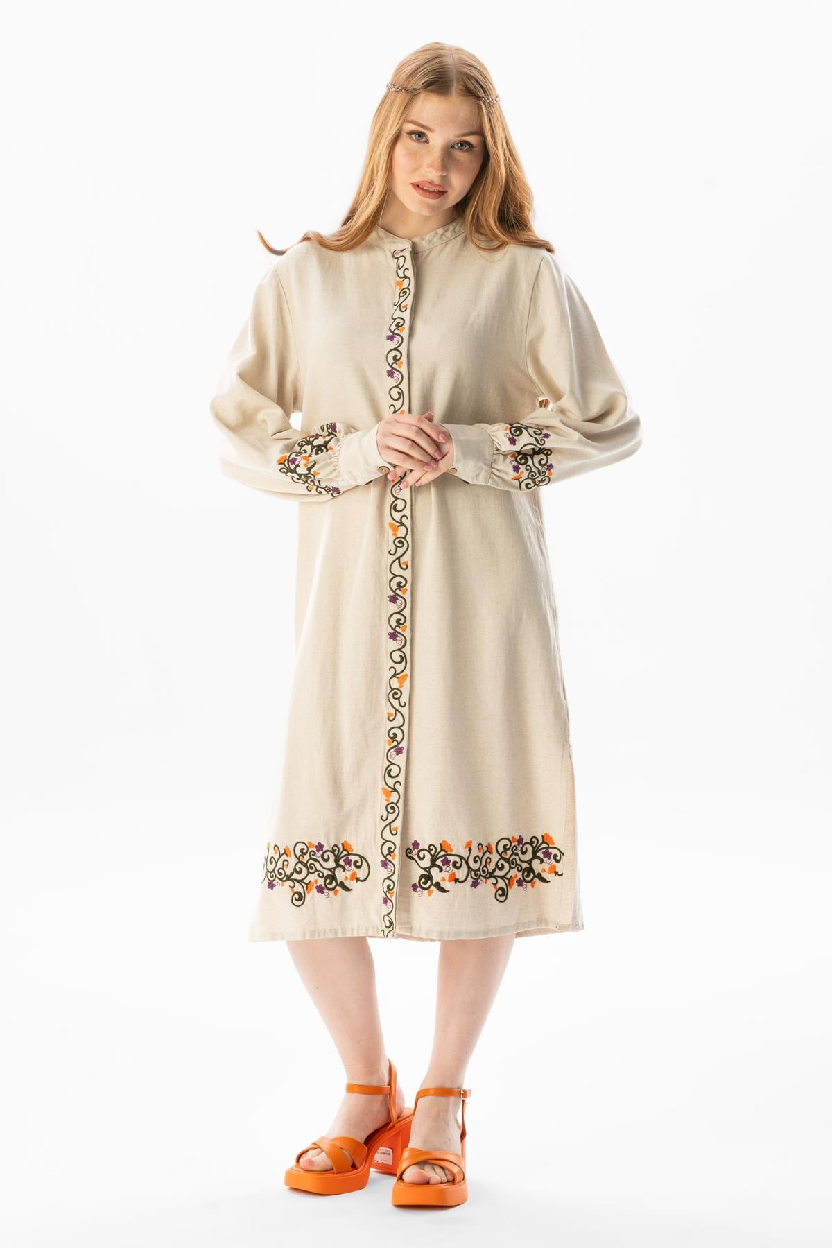 Long Sleeve Belma Linen Embroidered Buttoned Summer Authentic Tunic Cream |  silemoda.com