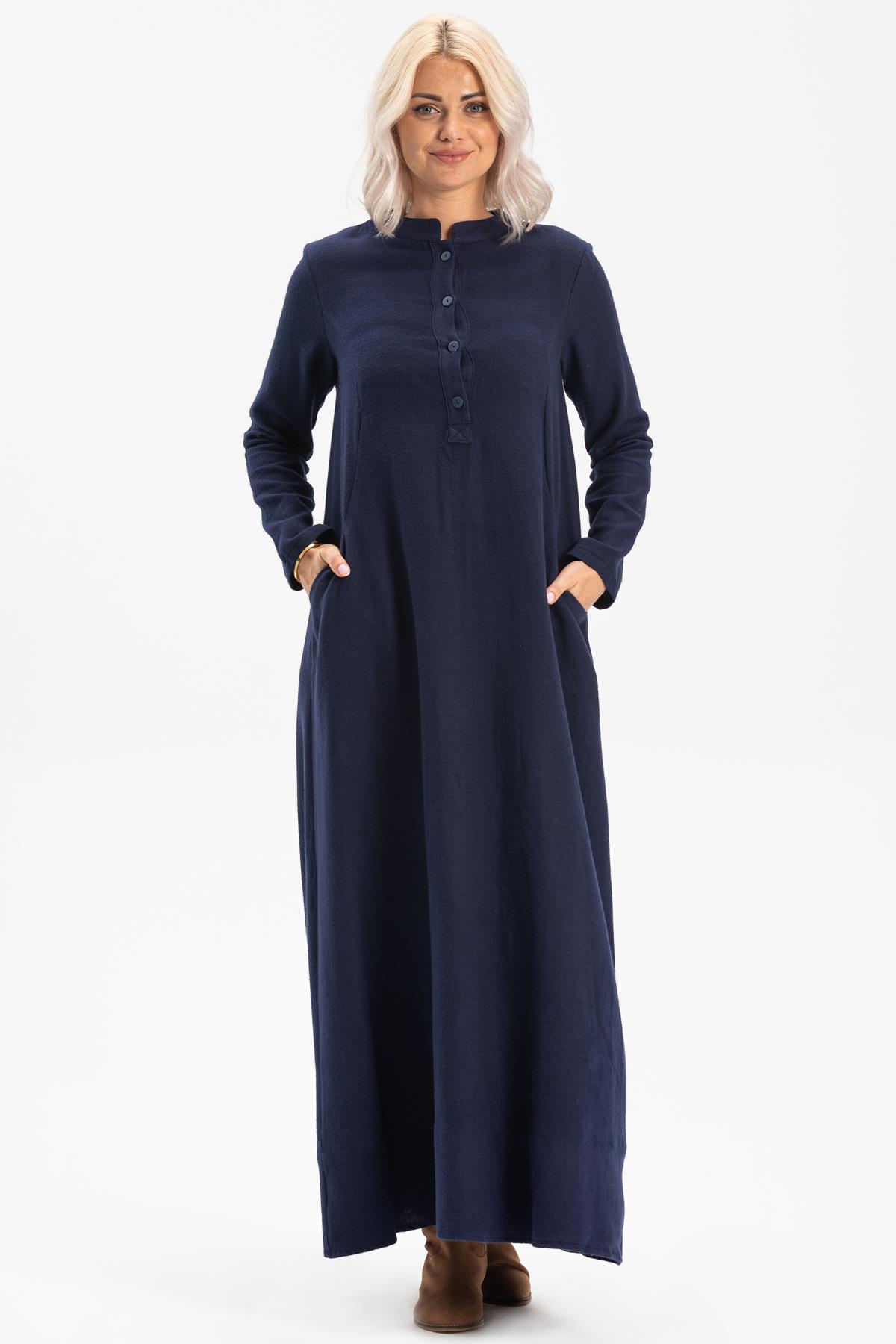 Long Sleeve Flannel Beril Long Dress Navy Blue
