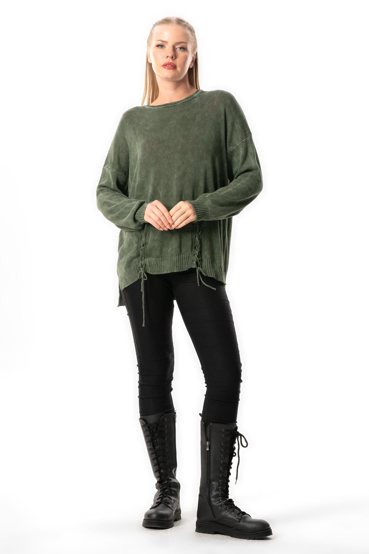 Long Sleeve Berra Tie-up Fall and Winter Sweater Blouse Khaki