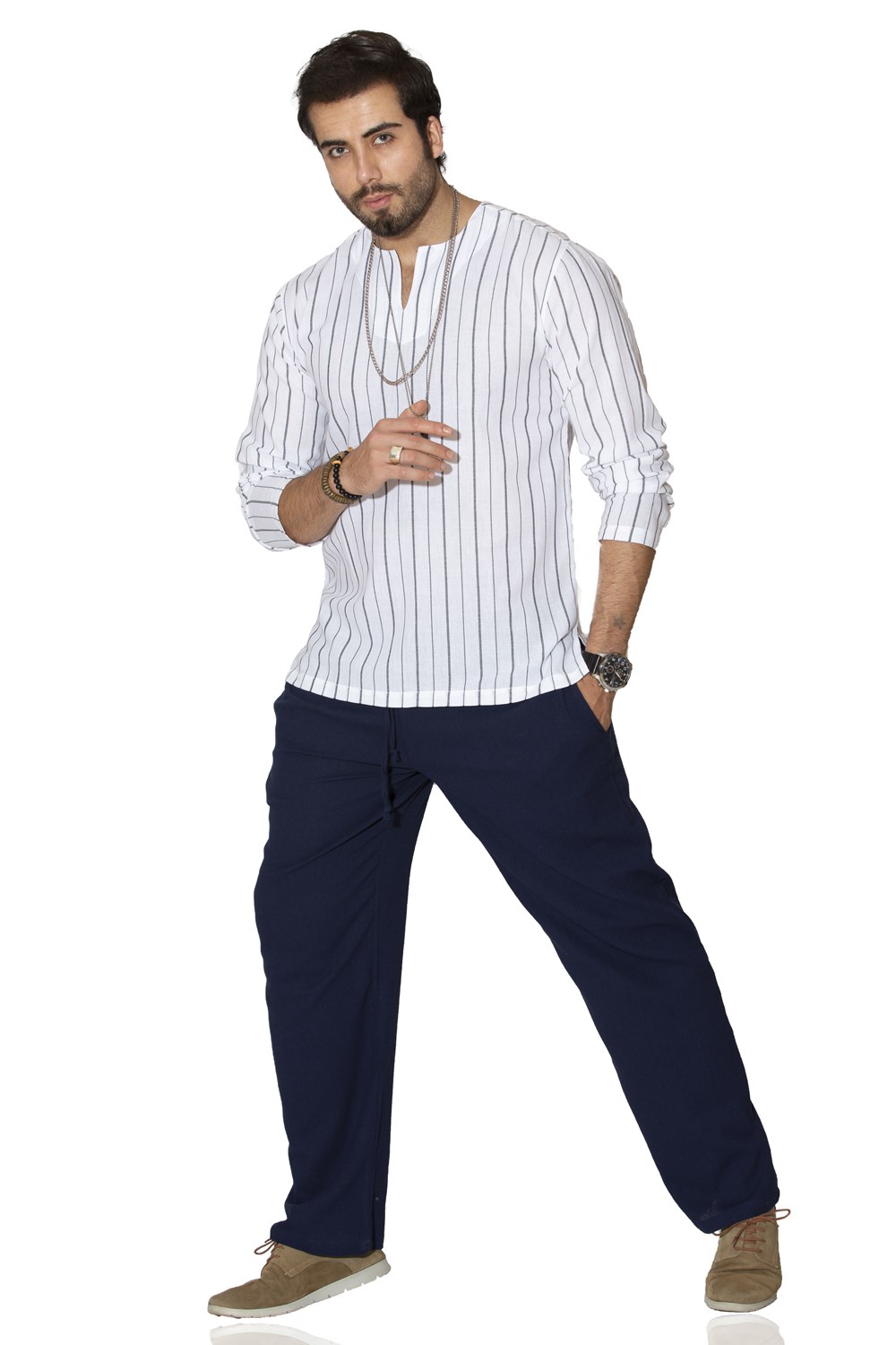 Long Sleeve Sile Fabric Crew Collar Men Tshirt White Black Striped