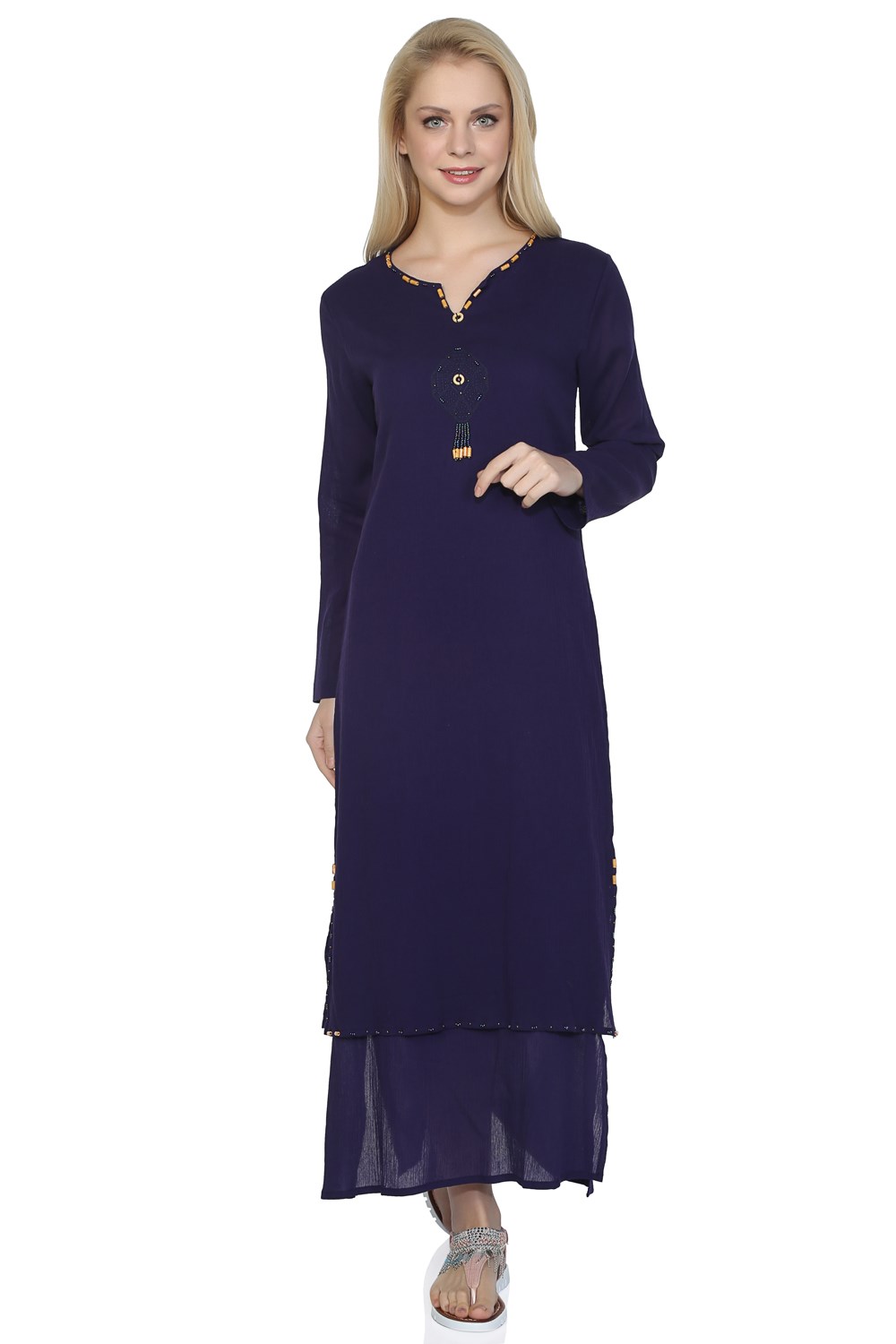 Long Sleeve Sile Fabric Boncuklu Long Dress Navy Blue