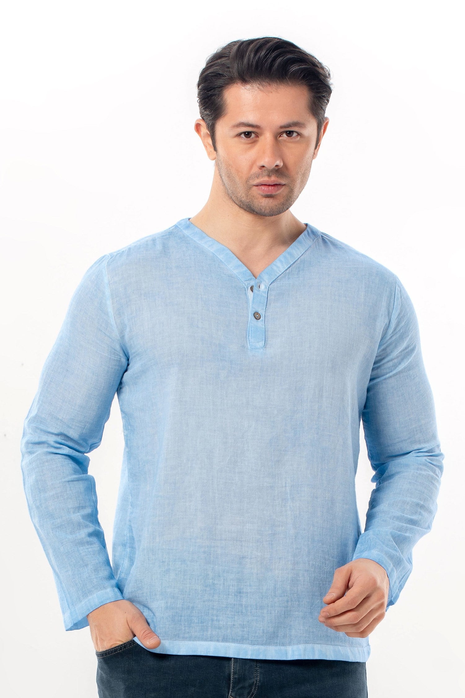 Uzun Kol Bora V Yaka Düğmeli Poplin Erkek Tişört | Yazlık Erkek Tshirt Açık Mavi Amv