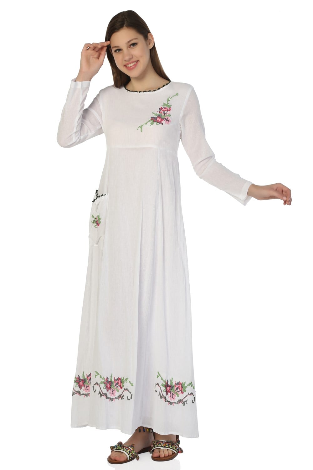 Long Sleeve Sile Fabric Burçak Long Dress White