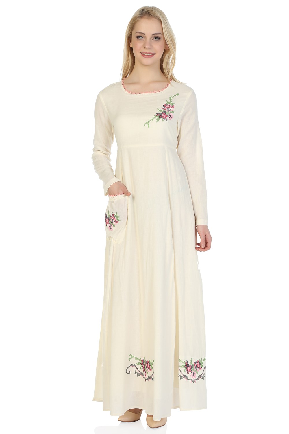 Long Sleeve Şile Fabric Burçak Long Dress Cream