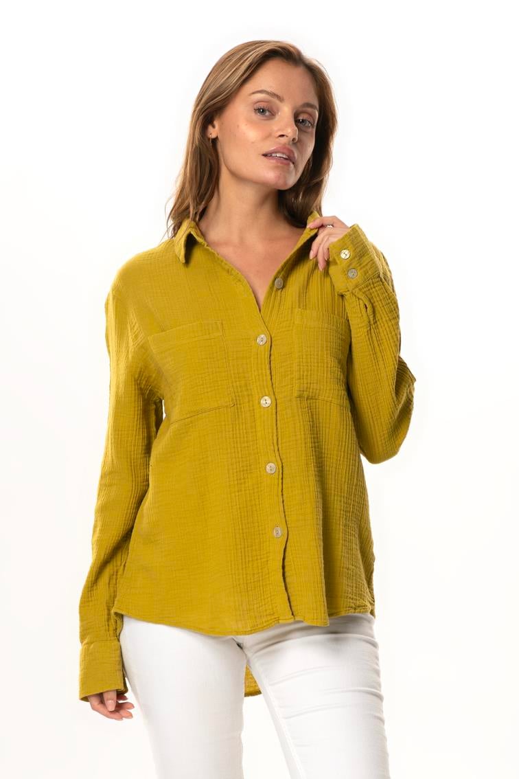 Uzun Kol Burcu Cep Detaylı Müslin Yazlık Gömlek Yağ Yeşili Ygysl