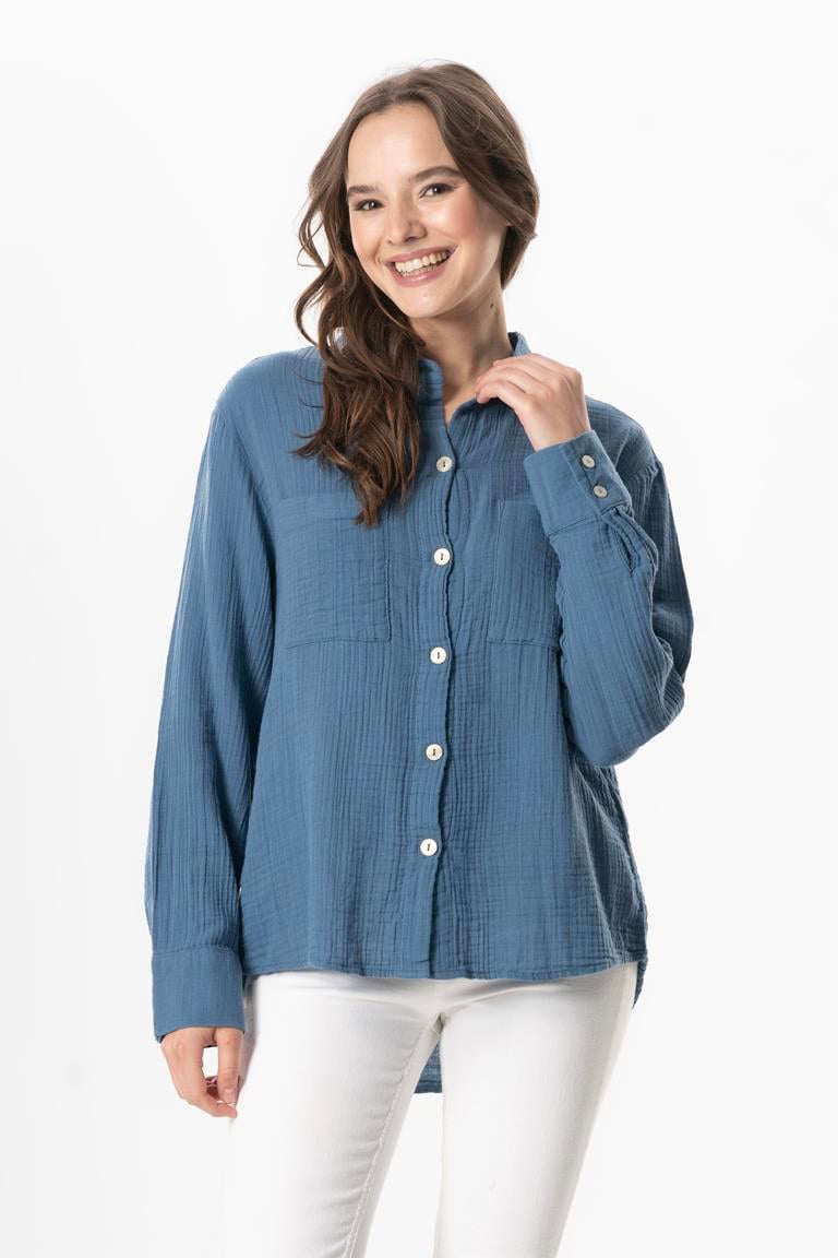 Uzun Kol Burcu Cep Detaylı Müslin Yazlık Gömlek İndigo indg