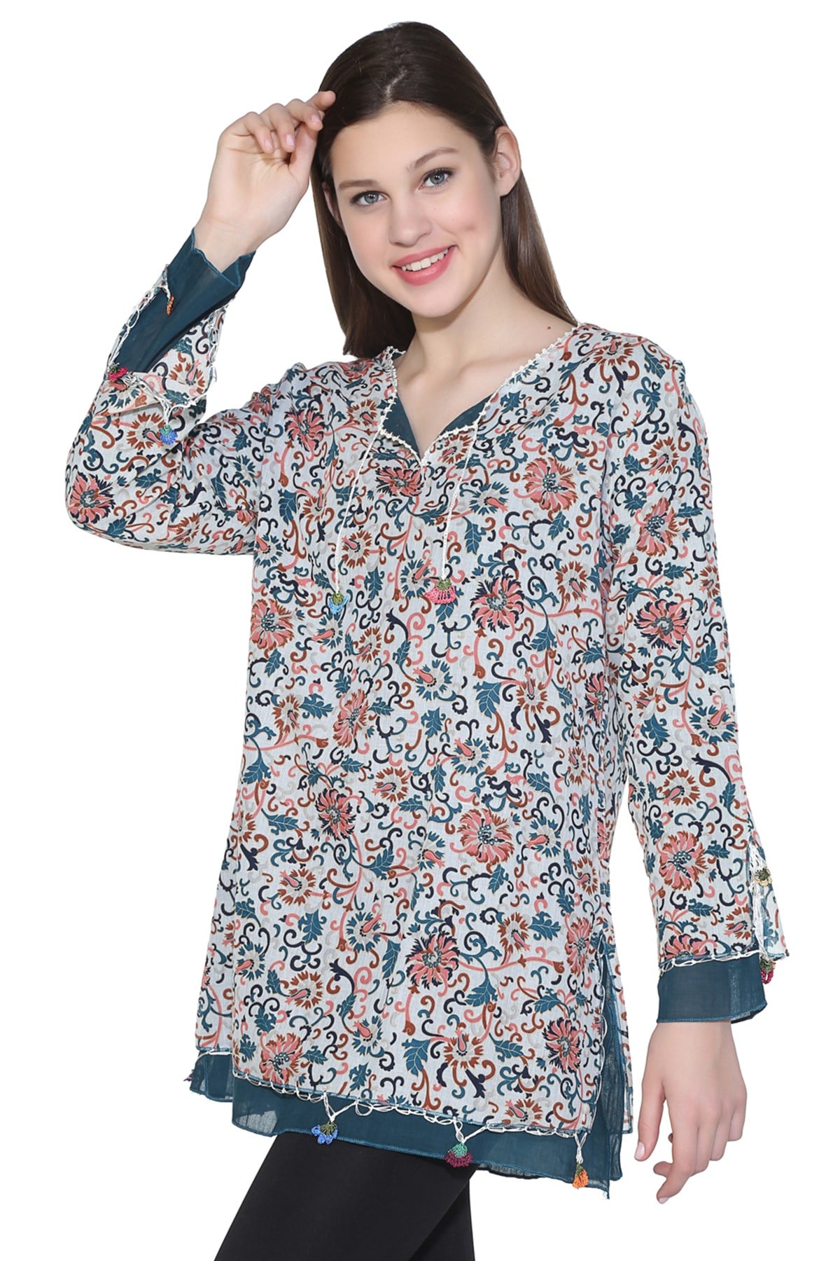 Uzun Kol Ceyda Vual Bluz Tomurcuk Desen Krem