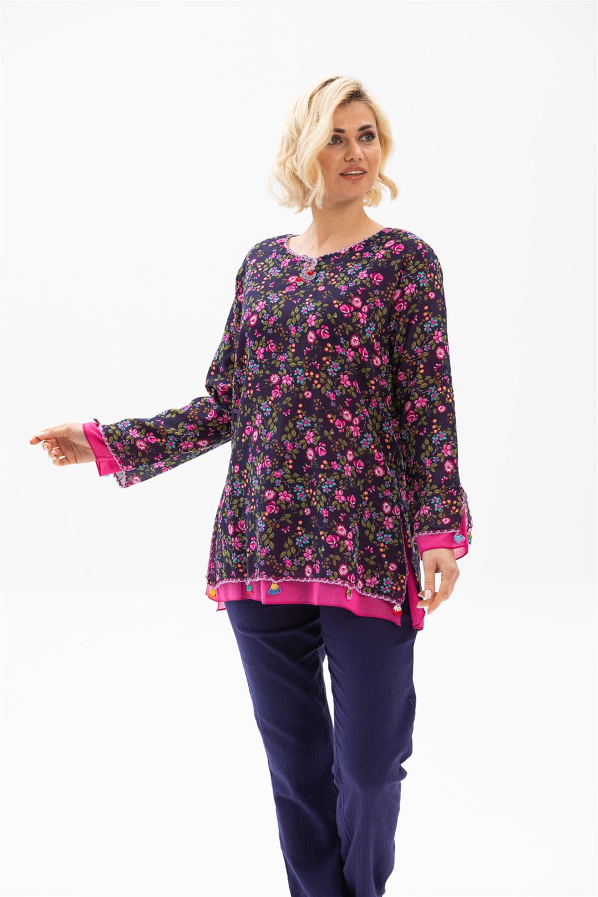 Uzun Kol Ceyda Vual Bluz Tomurcuk Desen Koyu Mor