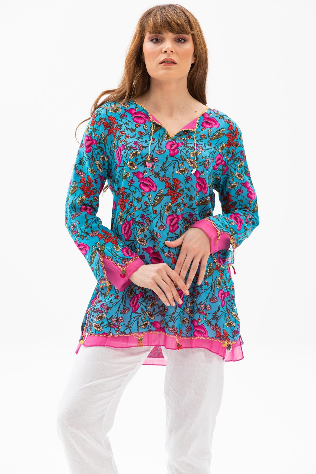 Long Sleeve Ceyda Voile Blouse Turquoise
