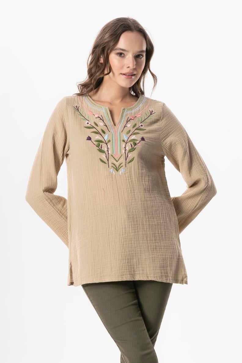 Long Sleeve Çiçek V Neck Embroidered Muslin Summer Blouse Mink