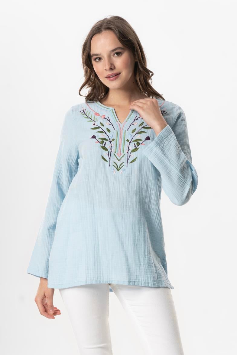 Long Sleeve Çiçek V Neck Embroidered Muslin Summer Blouse Ice Blue