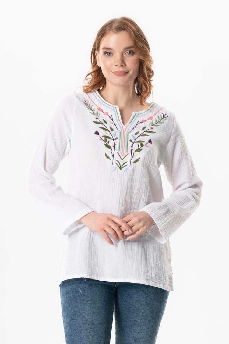 Long Sleeve Çiçek V Neck Embroidered Muslin Summer Blouse White