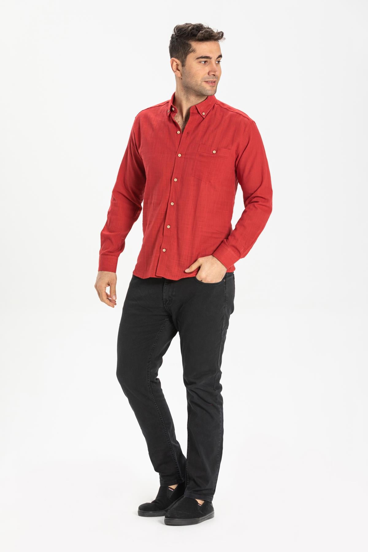 Long Sleeve Slim Fit Sile Fabric Shirt Red