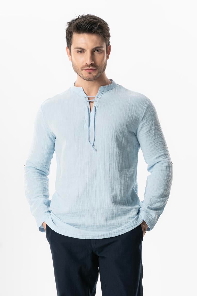Uzun Kol Doruk V Yaka Bağcıklı Müslin Erkek Yazlık Tshirt Buz Mavi Bmv