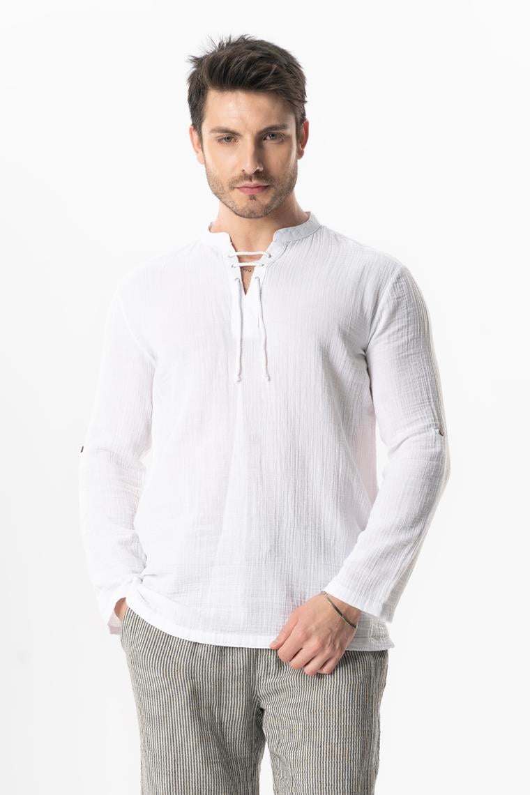 Uzun Kol Doruk V Yaka Bağcıklı Müslin Erkek Yazlık Tshirt Beyaz Byz