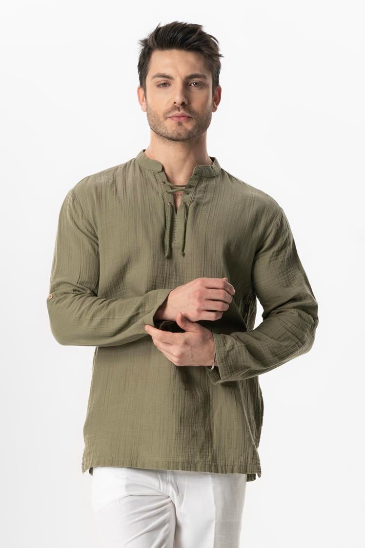 Uzun Kol Doruk V Yaka Bağcıklı Müslin Erkek Yazlık Tshirt Haki Hk