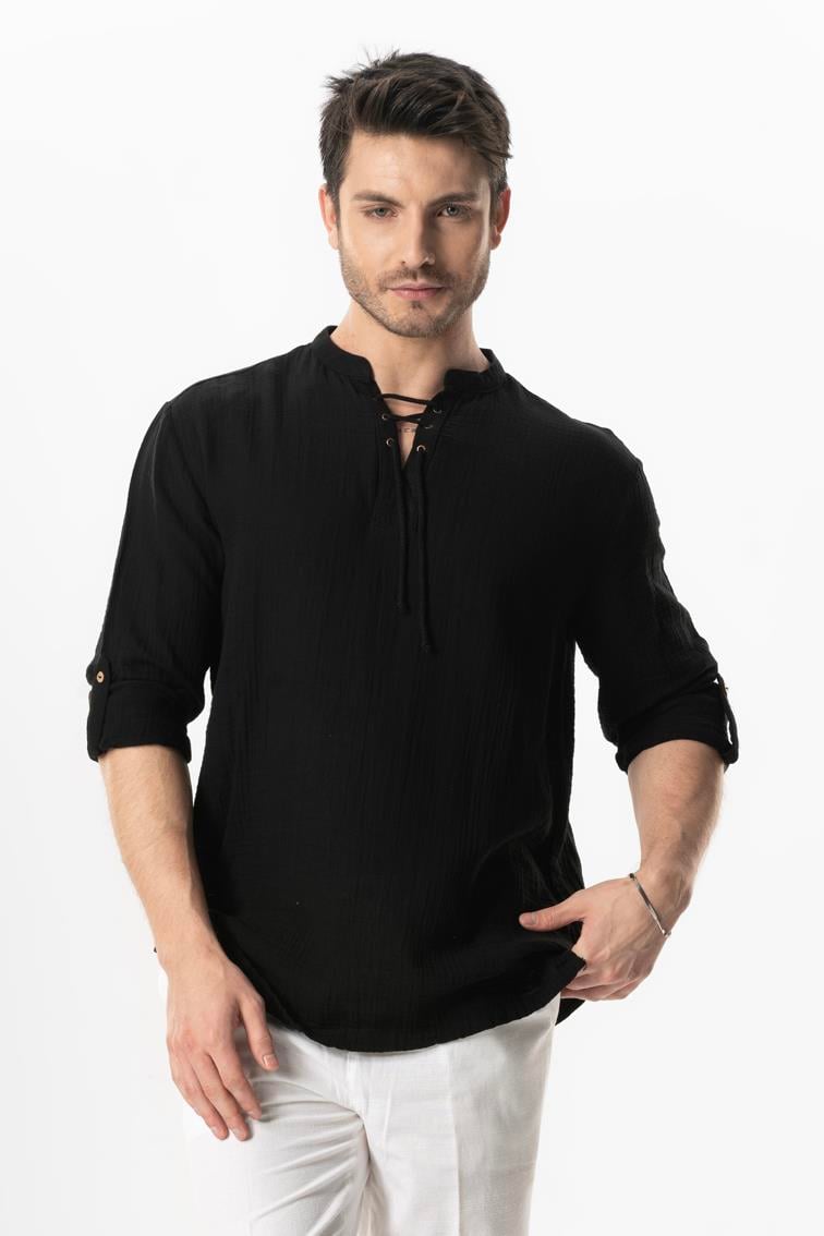 Uzun Kol Doruk V Yaka Bağcıklı Müslin Erkek Yazlık Tshirt Siyah Syh