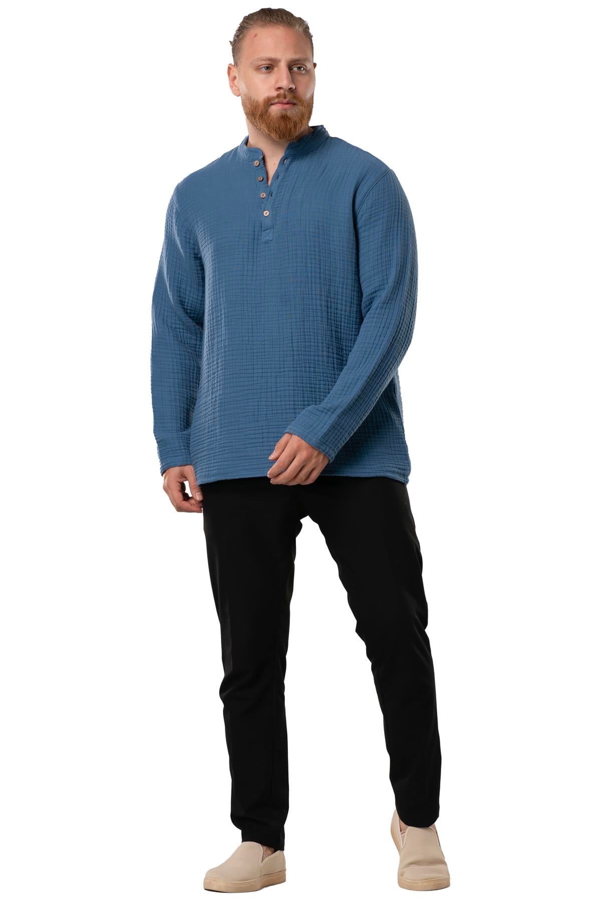 Uzun Kol Erkek Hakim Yaka Double Müslin Sonbahar ve Kışlık Sweatshirt İndigo indg