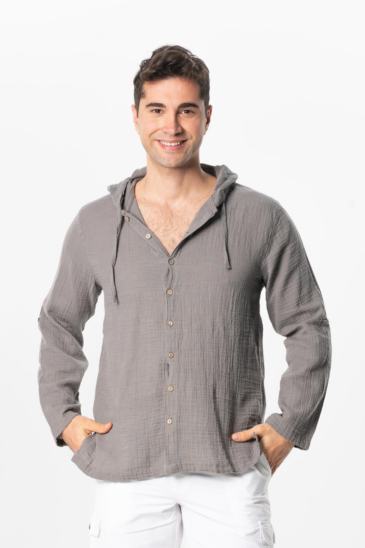 Uzun Kol Erkek Kapüşonlu Yazlık Müslin Sweatshirt Gri Gri
