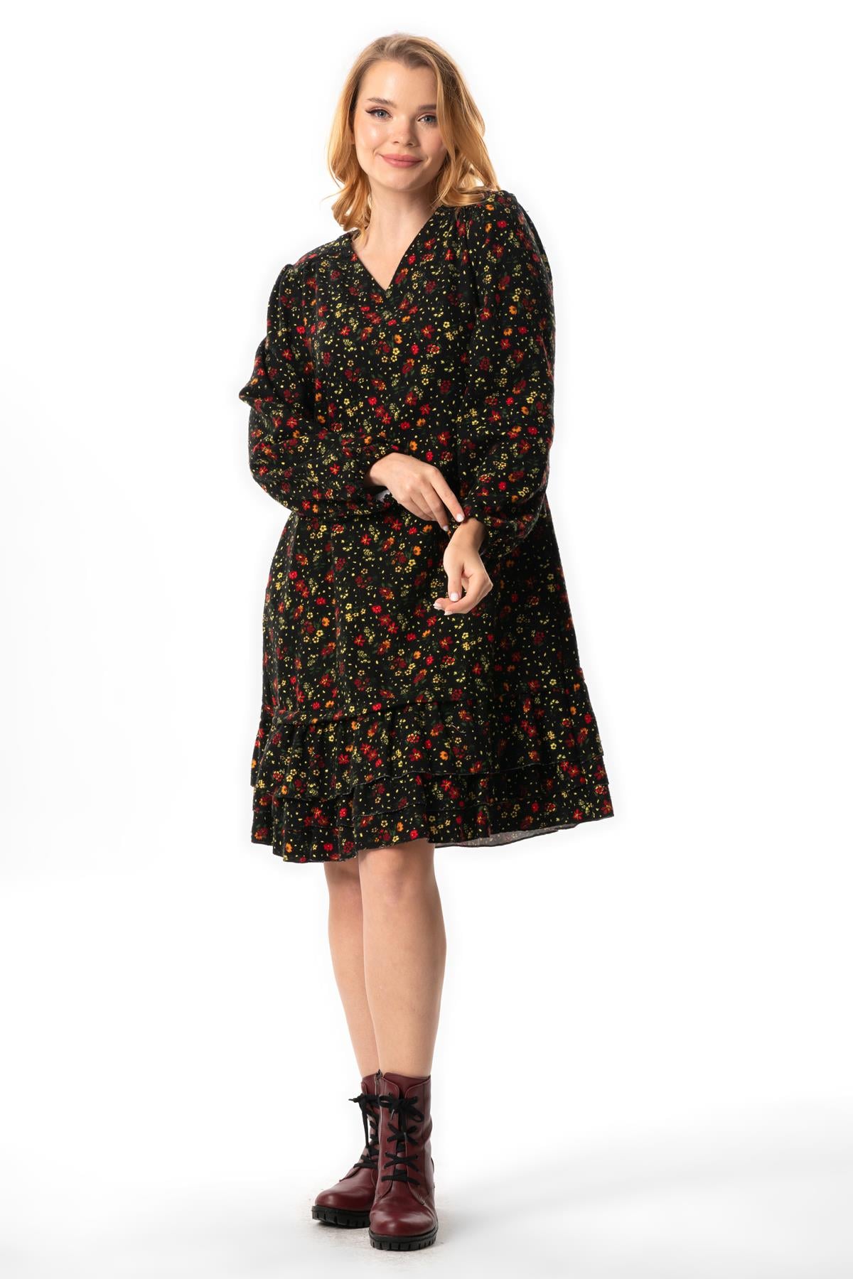 Long Sleeve Universe Flannel V Neck Fall and Winter Floral Pattern Ruffled Short Dress Black