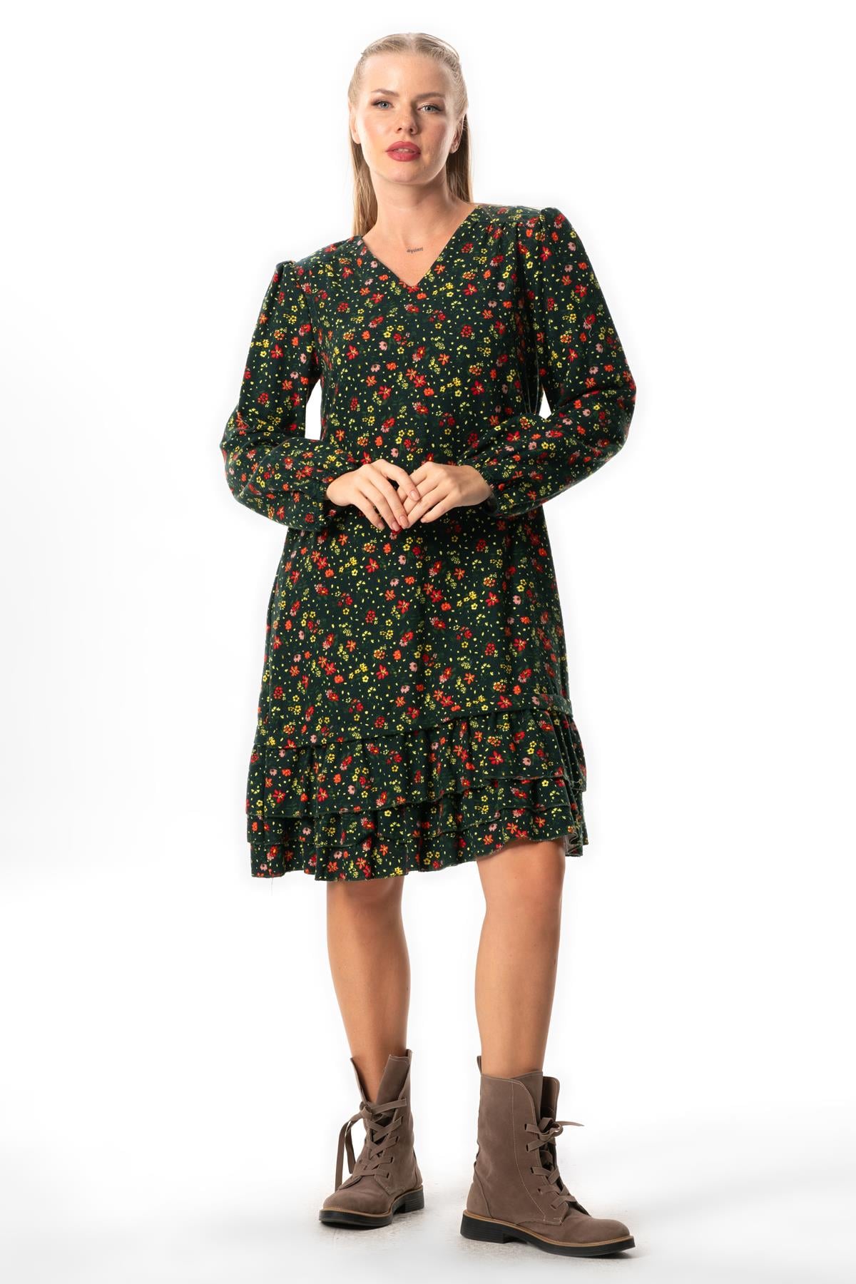 Long Sleeve Universe Flannel V Neck Fall and Winter Floral Pattern Ruffled Short Dress Green