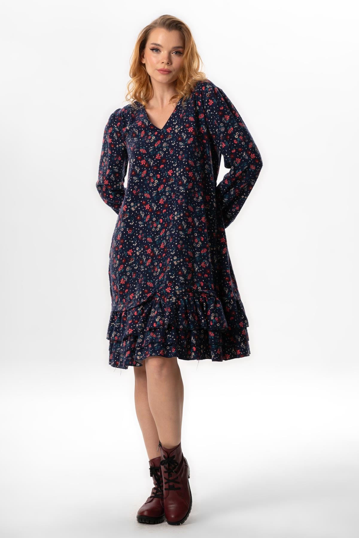 Long Sleeve Universe Flannel V-Neck Fall and Winter Floral Pattern Ruffled Short Dress Navy Blue