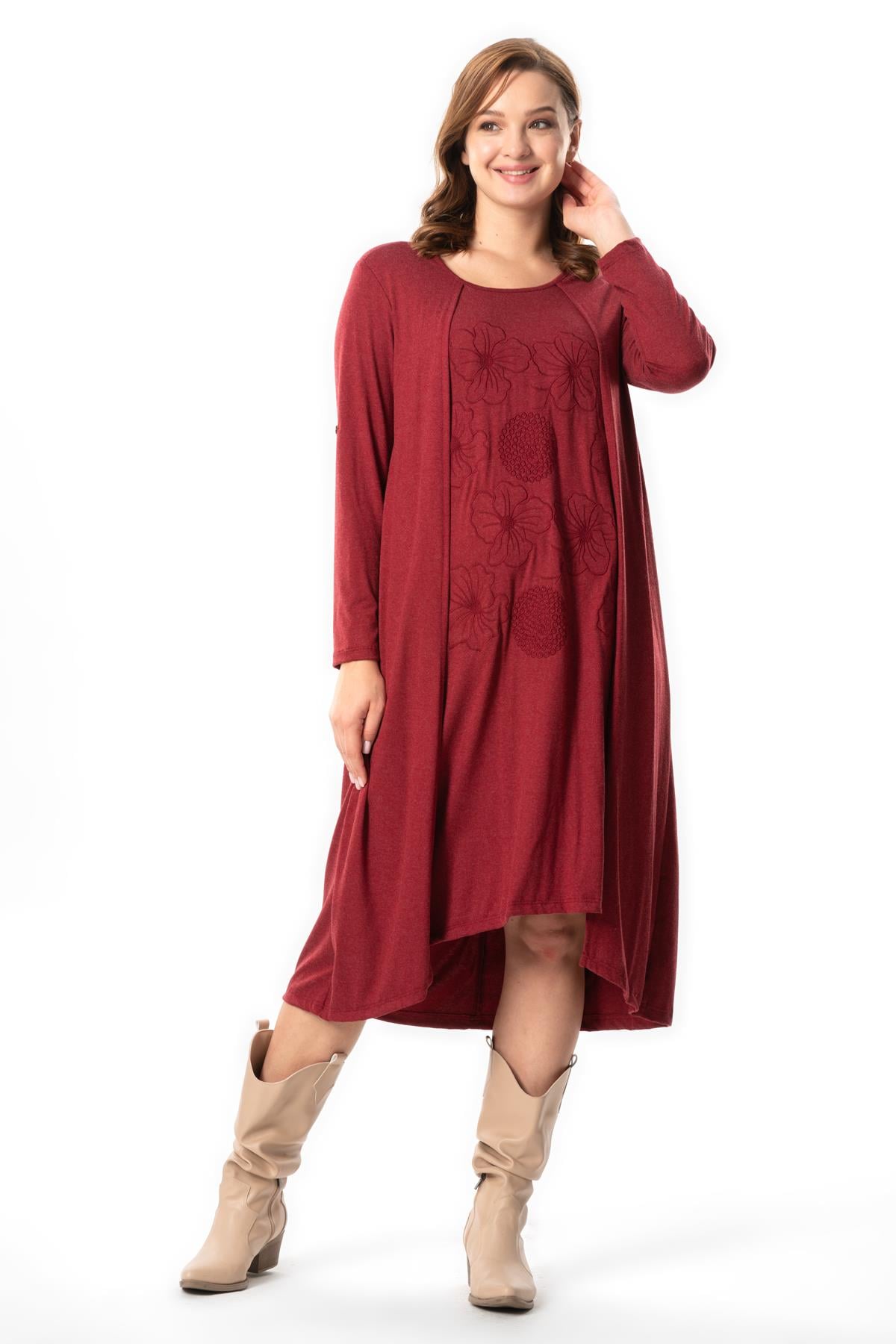 Long Sleeve Eylül Fall-Winter Authentic Midi Length Combed Viscose Dress Burgundy